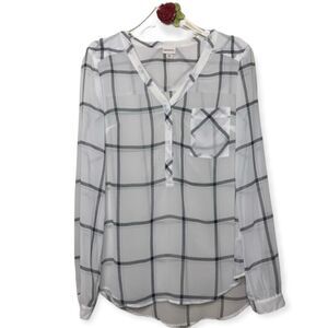 MERONA Small Petite Black and White Plaid Casual Long Sleeve Popover Blouse